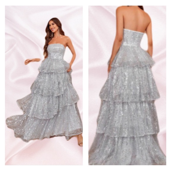 Silver Sequins Strapless Layered Tiered Formal Gown Dress - Picture 4 of 5